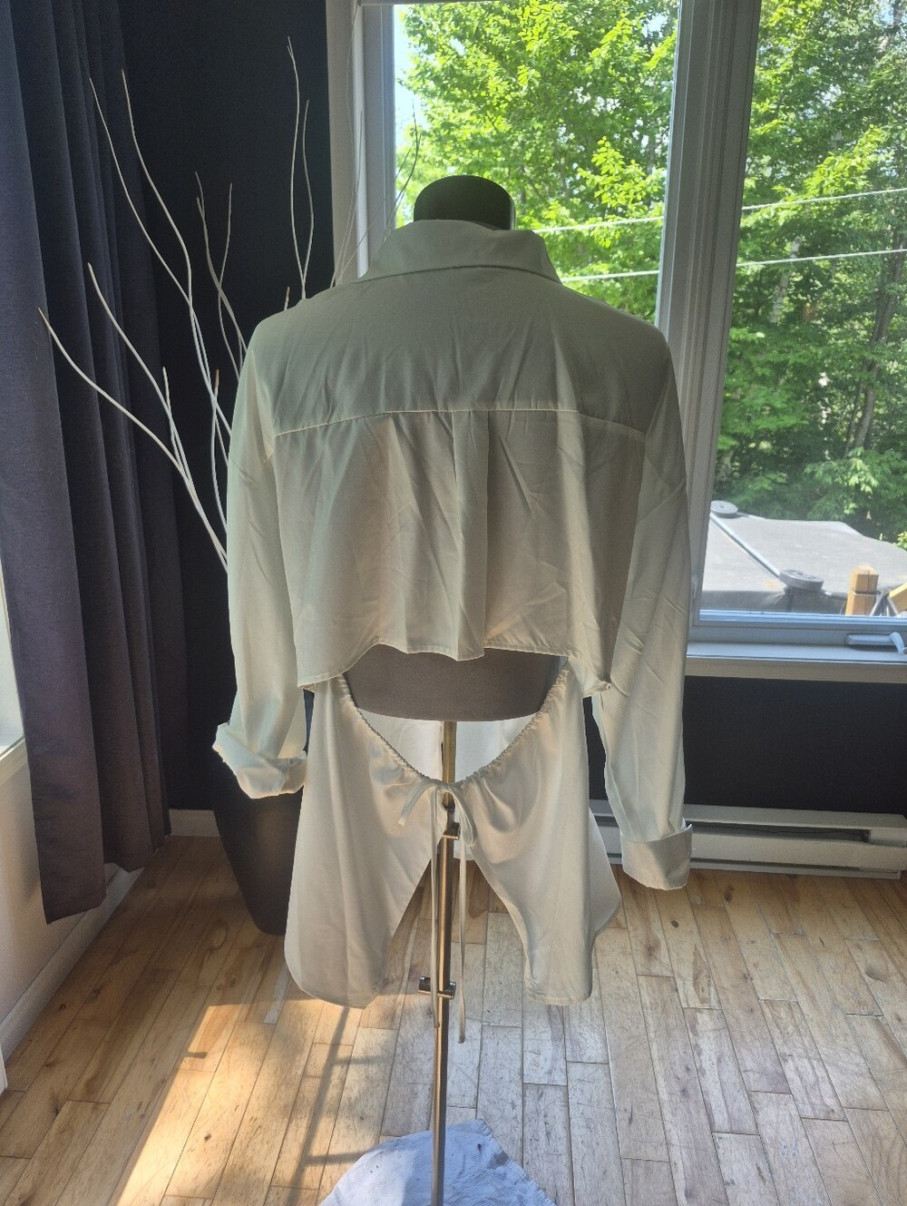 5/$50. Classic White Button-Up Shirt featuring a dramatic open-back design